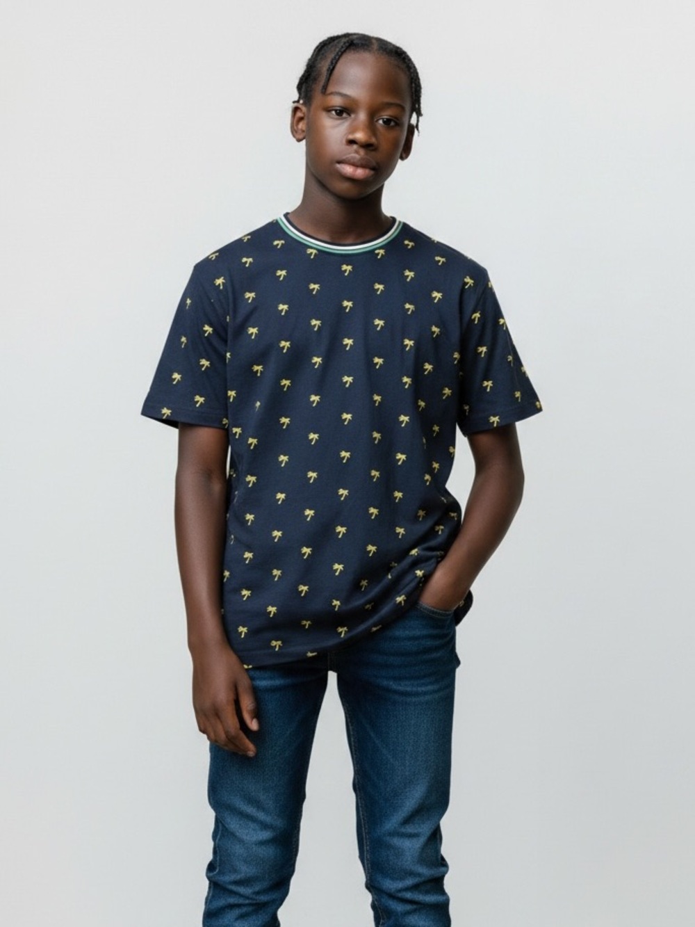 Denim & Flower Men’s Navy Tee Yellow Palm Print short sleeve round neck Medium